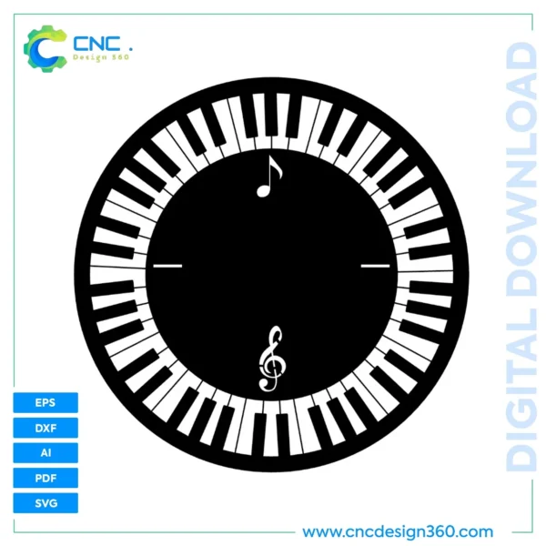Piano Keys Clock with Musical Notes – Clock Design File | Instant Digital Download Pack
